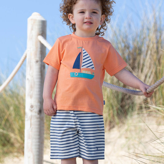 Boy wearing Kite Clothing Organic Striped shorts- navy/cream