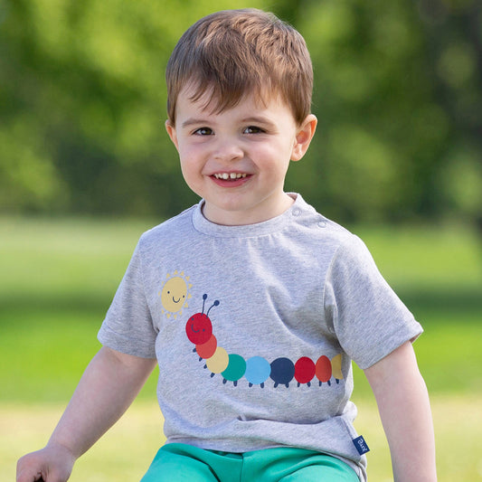 Boy wearing Kite organic T-shirt- sunny centipede
