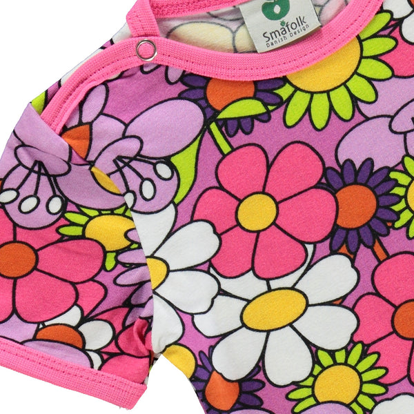 Smafolk organic Short sleeve bodysuit- flowers, spring pink, closeup