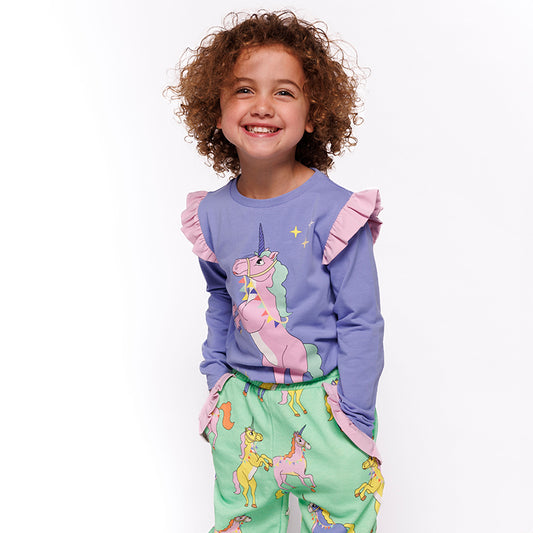 Girl wearing Smafolk organic Long sleeved ruffle t-shirt- unicorn, purple