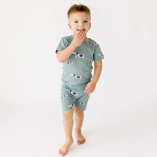 Boy wearing Parade Organics Pajama set, short- dogs