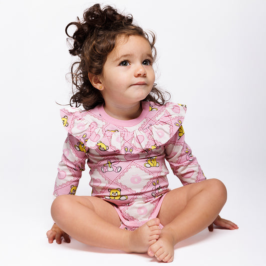 Småfolk Organic Long Sleeved Ruffle Baby Bodysuit- Teddy Bears, Lace Pink