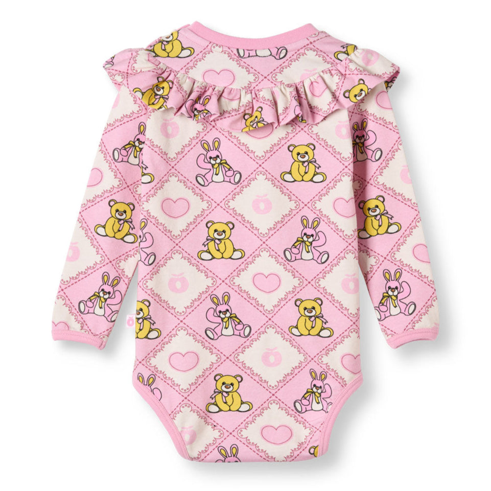 Småfolk Organic Long Sleeved Ruffle Baby Bodysuit- Teddy Bears, Lace Pink