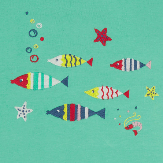 Piccalilly organic Short sleeve top- fish, closeup