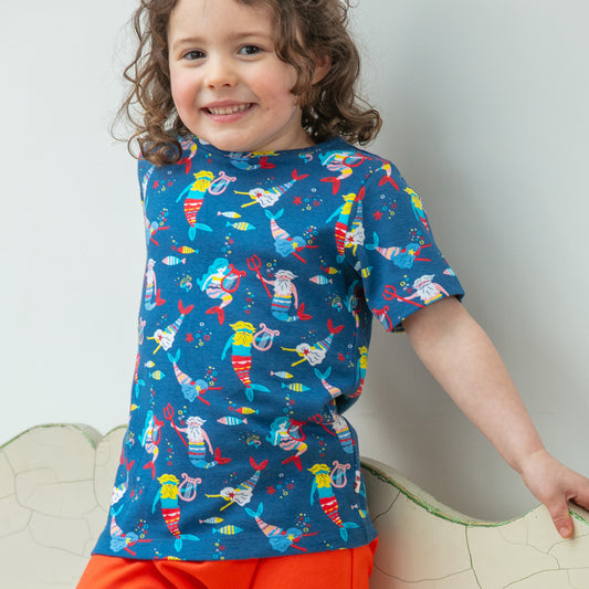 Girl wearing Piccalilly organic All over print t-shirt- merfolk