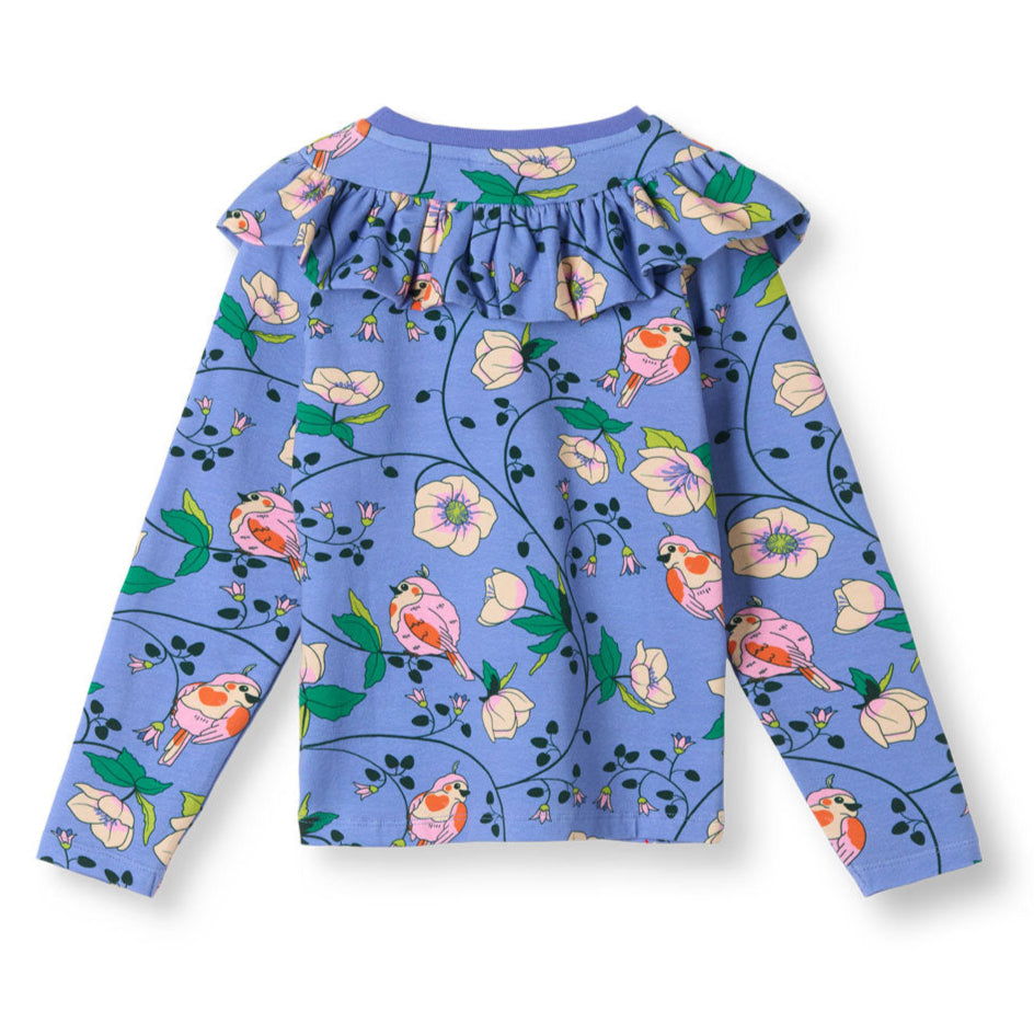 Småfolk Organic Long Sleeved Ruffle Girls' T-shirt- Robins, Purple Delight