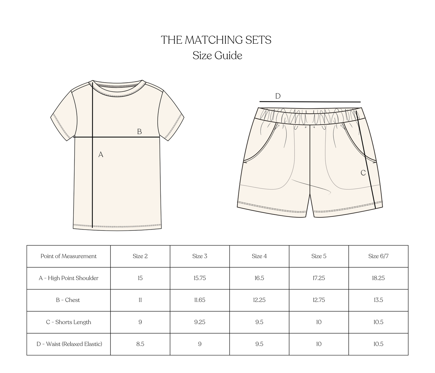 Size guide for matching t-shirt and shorts set with measurements.