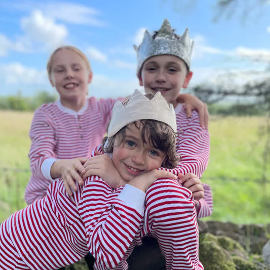 Kids wearing Slugs & Snails organic Waffle top & pants set- candy cane