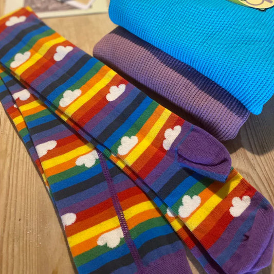 Slugs & Snails organic Rainbow striped tights, closeup