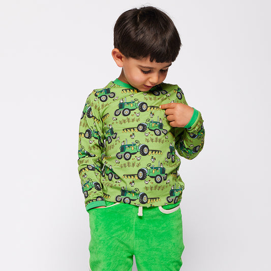 Småfolk Organic Long Sleeved Boys' T-shirt- Tractors, Fern Green