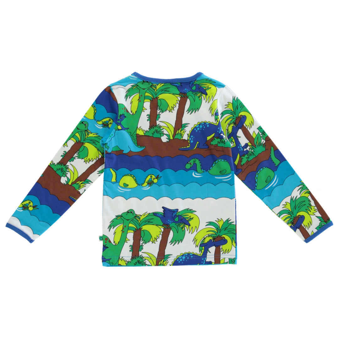 Smafolk organic Dinosaurs t-shirt, blue atoll, back