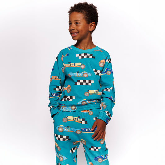 Småfolk Organic Boys' Sweatshirt- Race Cars, Teal