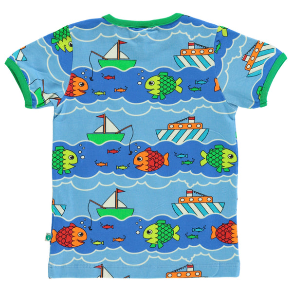 Smafolk organic Short sleeve t-shirt- boat & fish, blue grotto, back