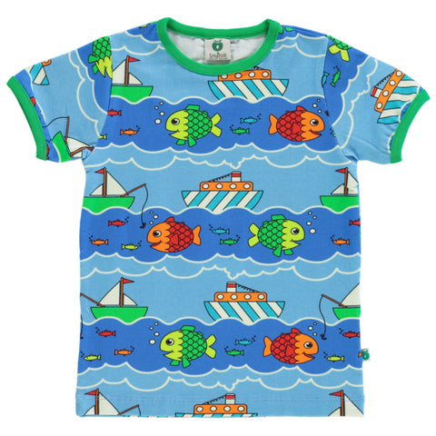 Smafolk organic Short sleeve t-shirt- boat & fish, blue grotto