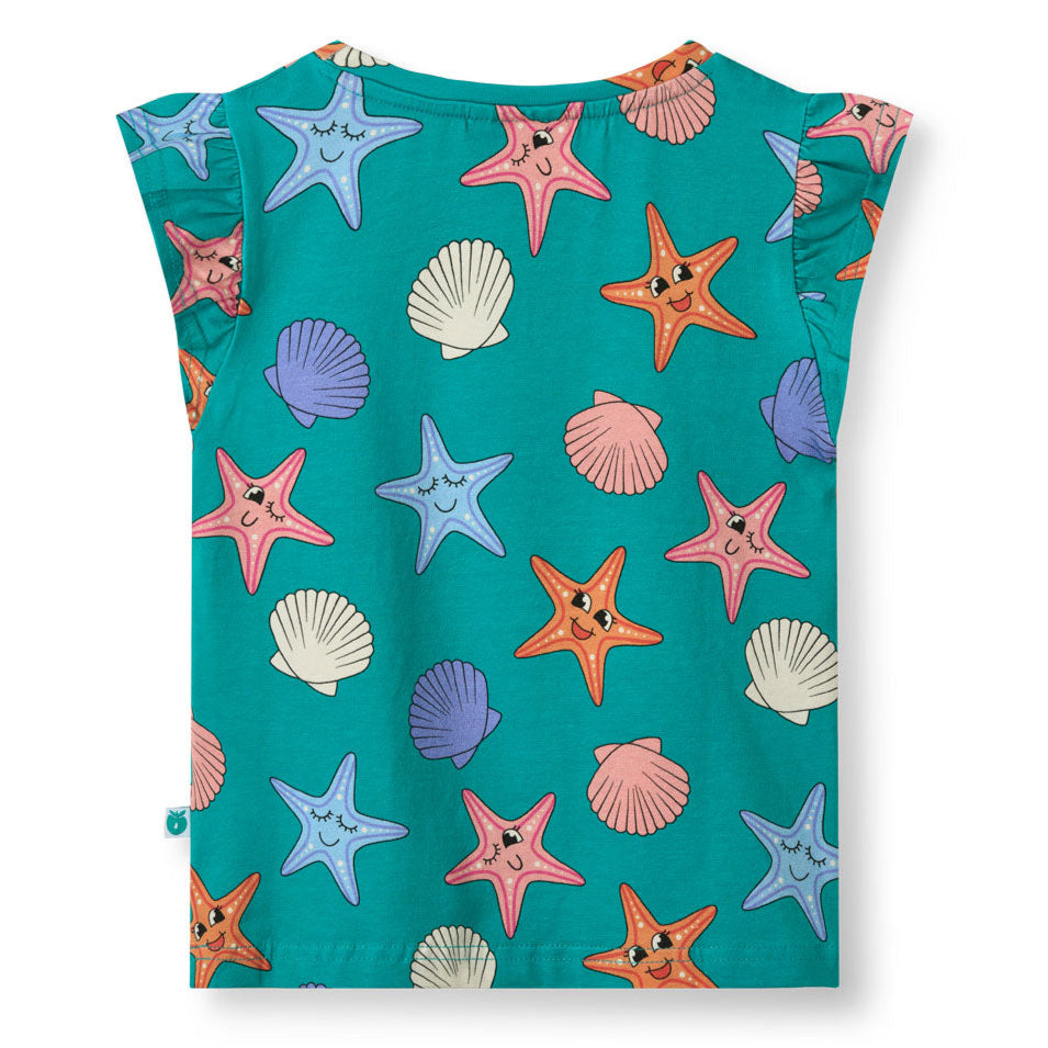 Smafolk organic Cap sleeved ruffle t-shirt- starfish, teal blue, back