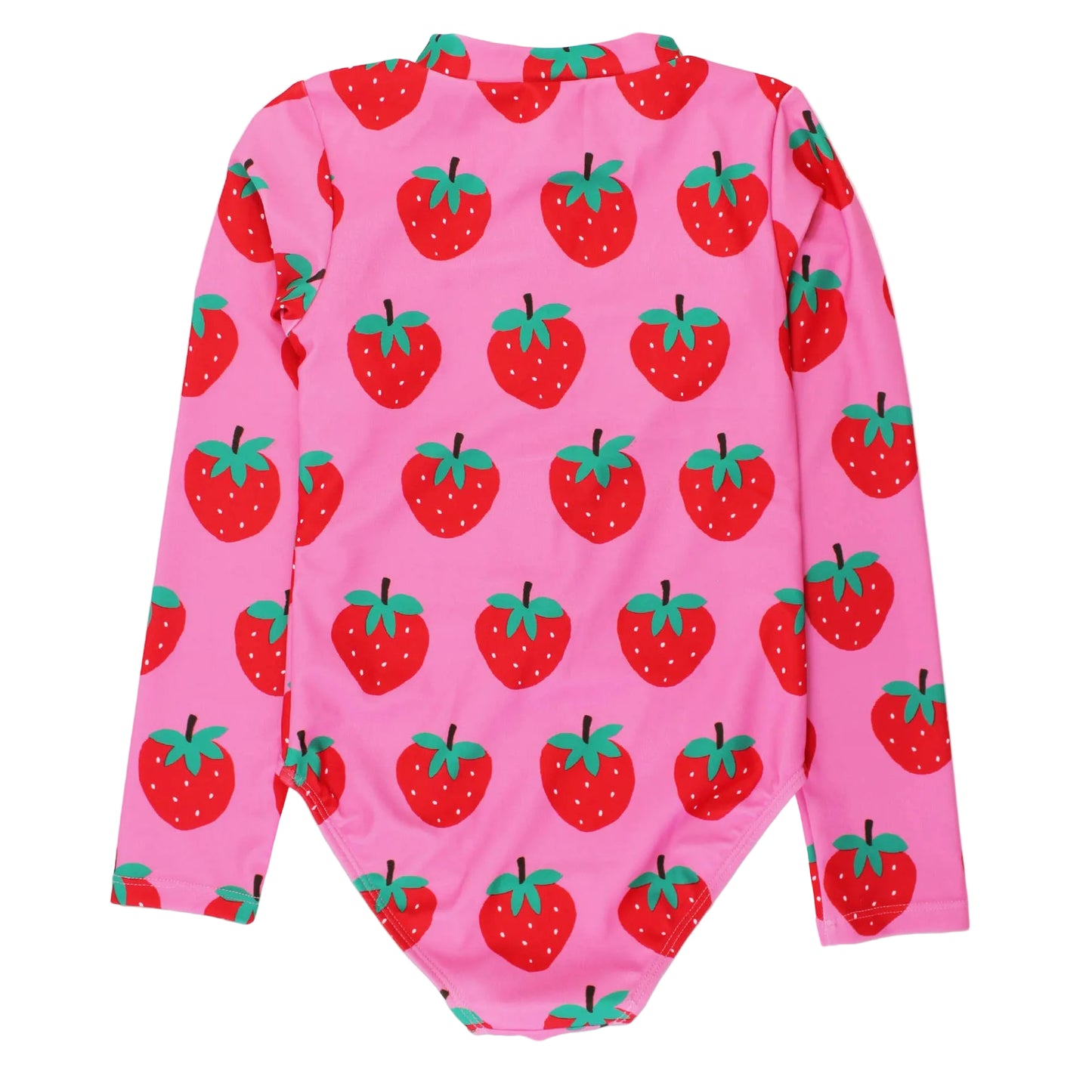 Pink swimsuit with red strawberry pattern on a white background