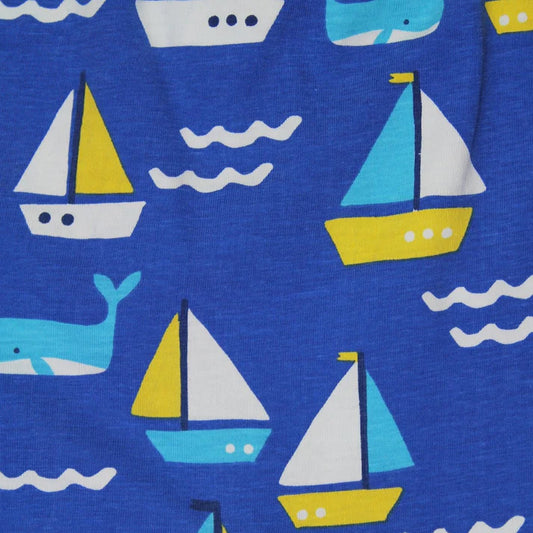 Toby Tiger organic Print pants- sailboats, closeup