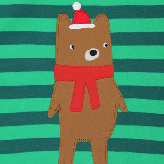 Toby Tiger organic Romper- Christmas bear appliqué, closeup