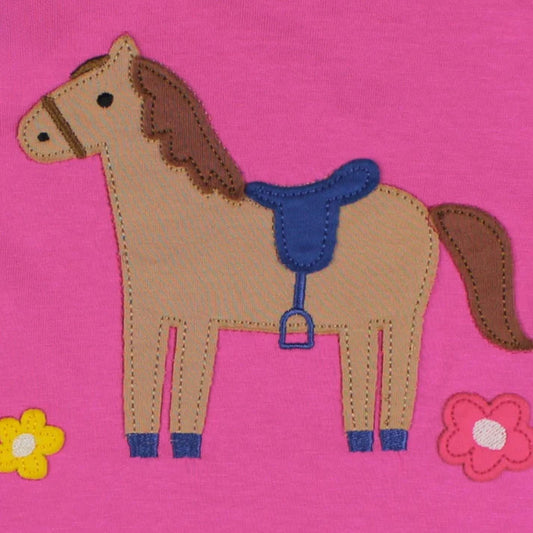 Toby Tiger Organic Short sleeved t-shirt: pony appliqué, closeup