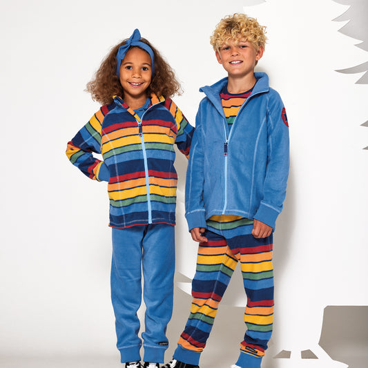 Girl wearing Villervalla Fleece jacket- chamonix stripe