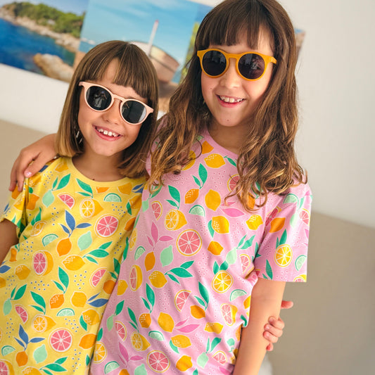 Girls Organic Cotton Short Sleeve Tee – Lemon Print Lily Pink
