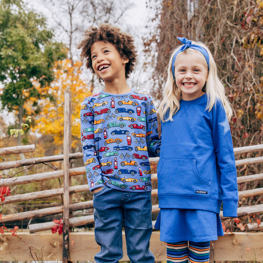 Villervalla Organic Kids' Long Sleeved Top- Race Cars, Nautic Blue