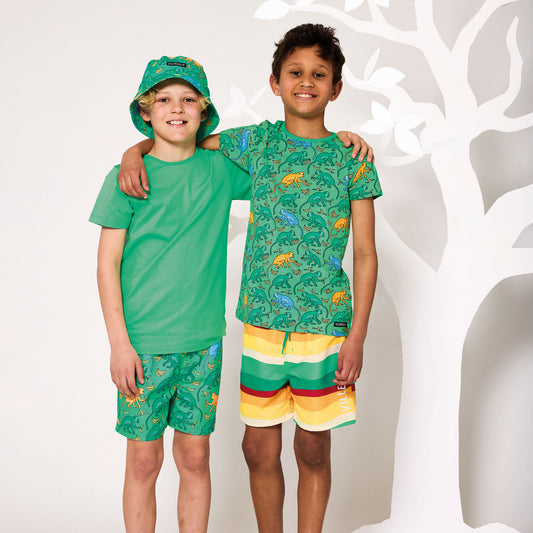 Boy wearing Villervalla Organic Short-sleeved t-shirt- monkey, fern green