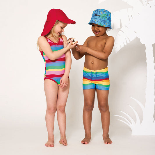 Girl wearing Villervalle swimsuit Swimsuit- garden stripe