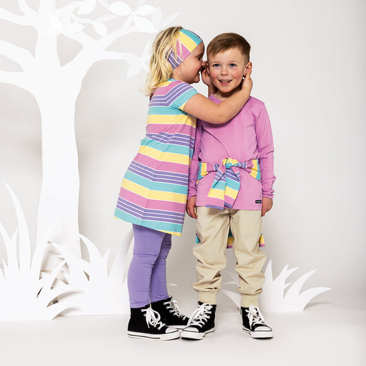 Girl wearing Short sleeve dress- California stripe