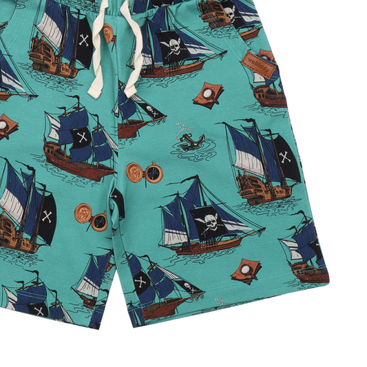 Walkiddy organic Shorts- pirate ships, closeup