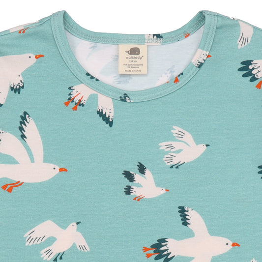 Walkiddy organic Short sleeve shirt- seagulls, closeup