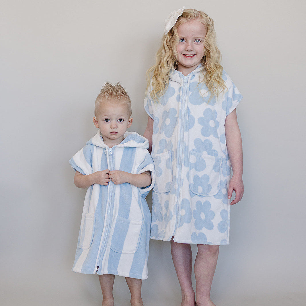 Kids Organic Cotton Zip-Up Beach Poncho - Seaside Stripe | Mebie Baby