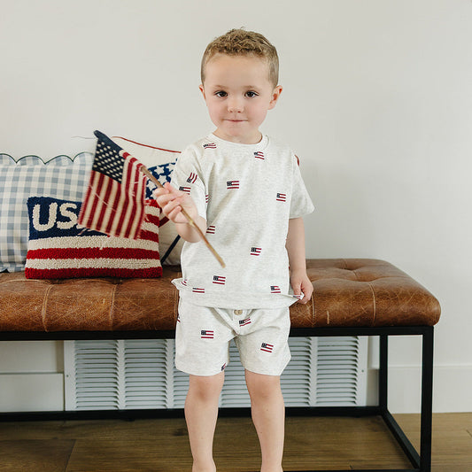 Cotton Button Short Set - Flags