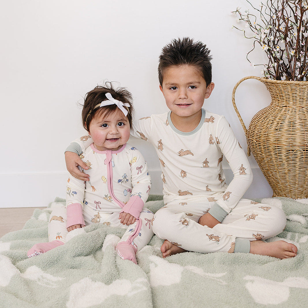 Pink Bunny Bamboo Zipper Footie - Spring Baby Pajamas