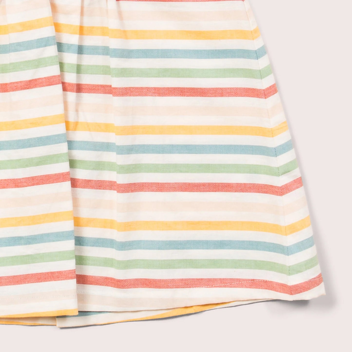 Little Green Radicals organic Rainbow striped smocked dress, closeup