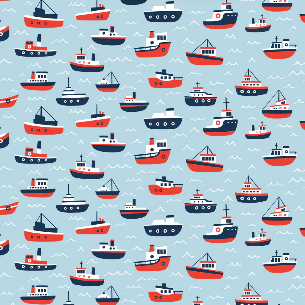 Winter Water Factory organic Summer romper- pale blue tugboats