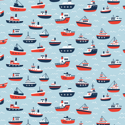 Winter Water Factory organic Summer romper- pale blue tugboats