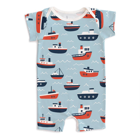 Winter Water Factory organic Summer romper- pale blue tugboats