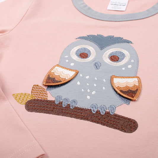 Fred's World hello owl top, closeup