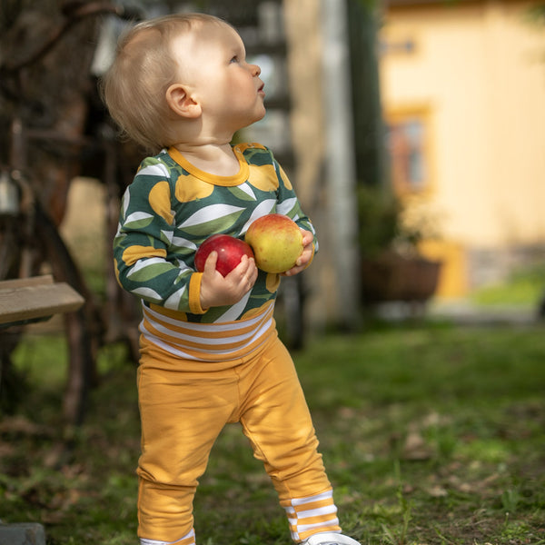 Baby wearing PaaPii organic Long sleeve bodysuit- ochre & green apple joy