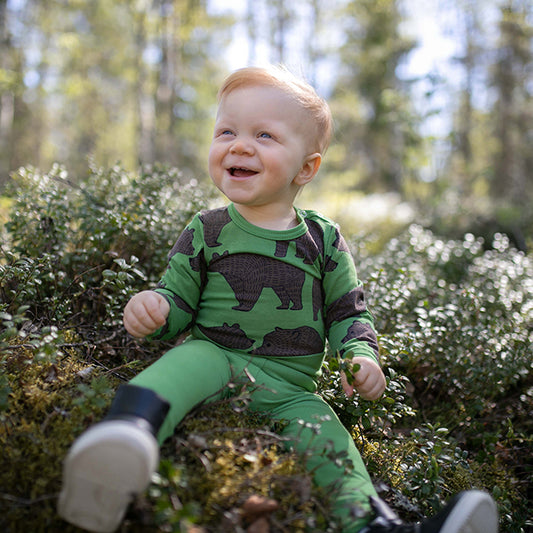 Baby wearing PaaPii long sleeve bodysuit- forest ursa bear