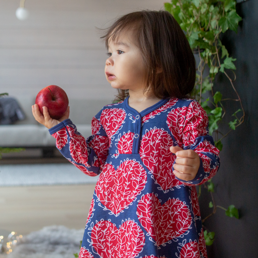 Baby wearing Onesie dress- blueberry & red heart