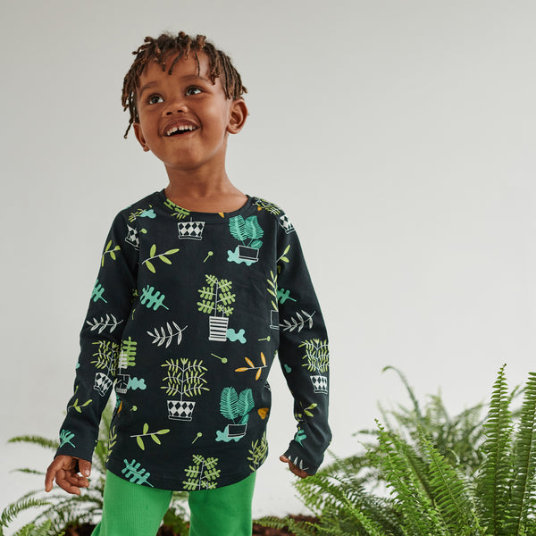 Boy wearing Raspberry Republic organic Long sleeve t-shirt- plantastic