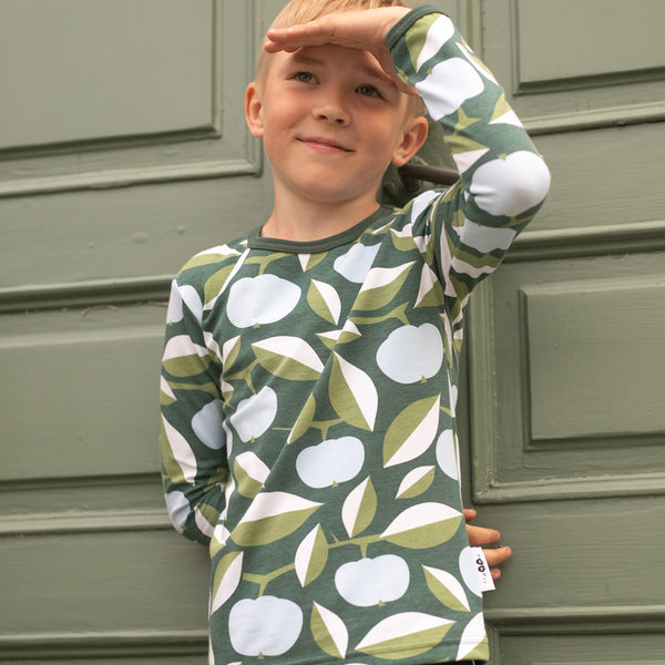 Boy wearing PaaPii organic Uljas long sleeve shirt- light blue & green apple joy