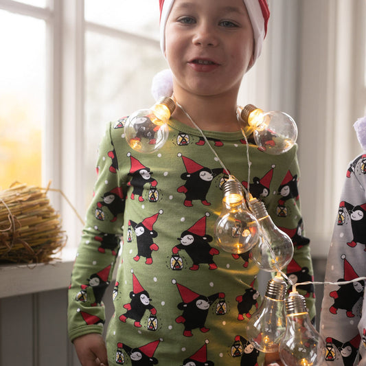 Boy wearing organic Uljas long sleeve shirt- green & red elf