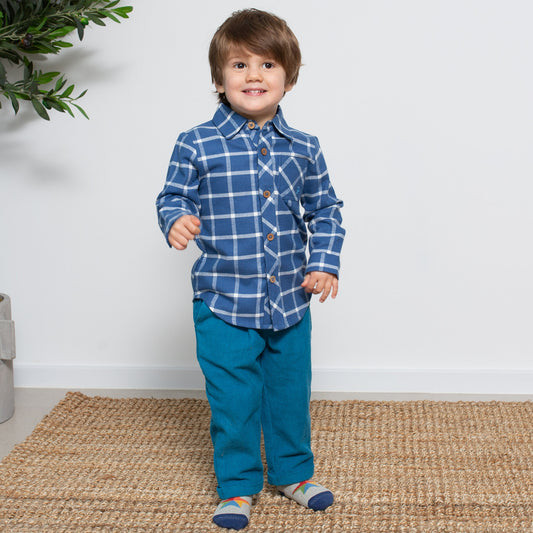 Boy wearing Kite Classic plaid shirt