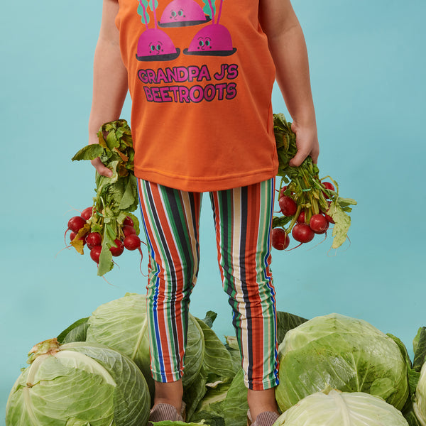 Girl wearing Raspberry Republic organic Leggings- folk stripes
