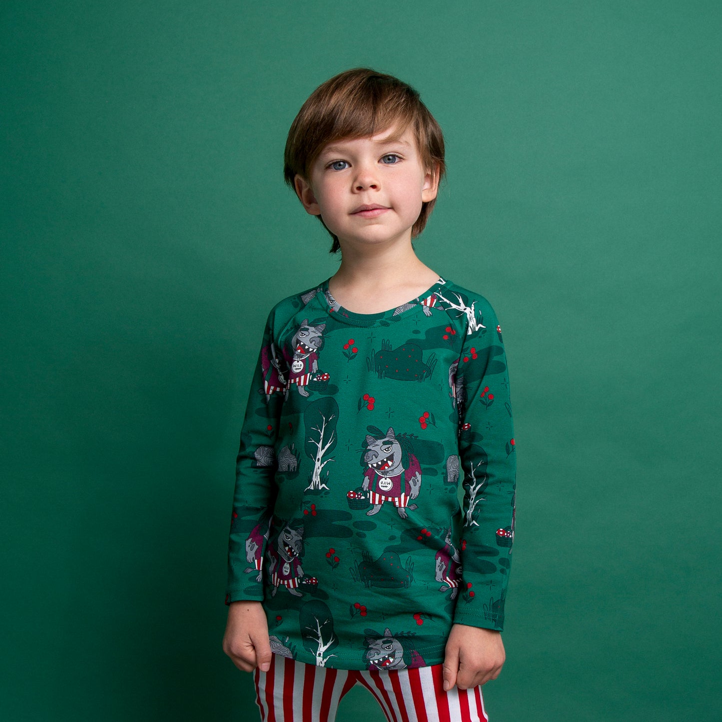 Boy wearing Raspberry Republic long sleeve t-shirt- forest trolls