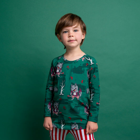Boy wearing Raspberry Republic long sleeve t-shirt- forest trolls
