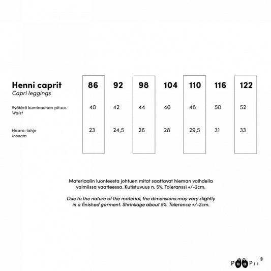 PaaPii Henni Size Chart